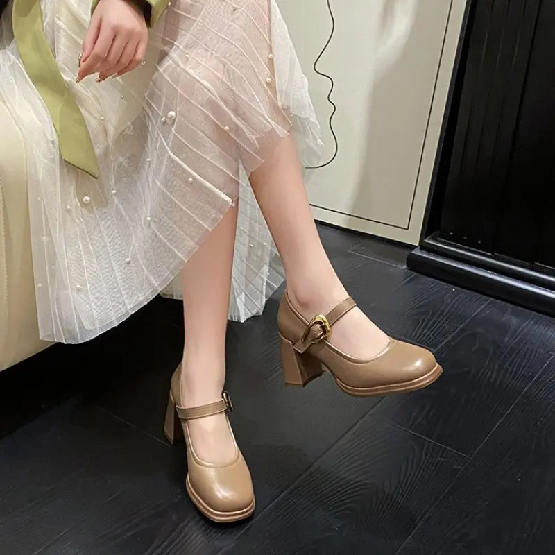 

2024 Elegant Women Pumps Thick High Heels Platforms Buckle Strap Genuine Leather Shoes Woman Square Toe Party Office Lady New