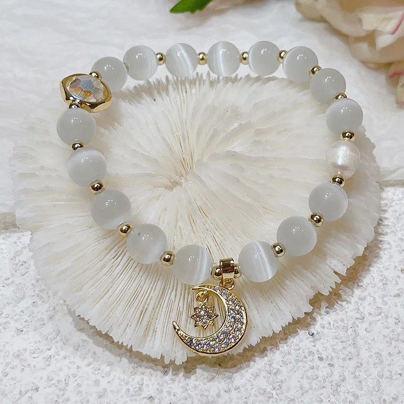 Cat/Fox/Moon/Mermaid Tail Lucky White Cat's Eye Stones Beaded Bracelets for Women Girls Fashion Jewelry Christmas Gifts YBR603