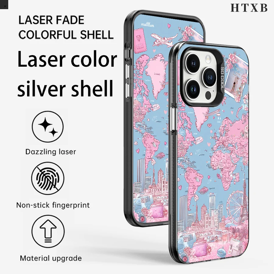 

Dreamy Pink and Blue Travel Theme World Map Phone for iPhone 17 to 11 Pro Max Plus