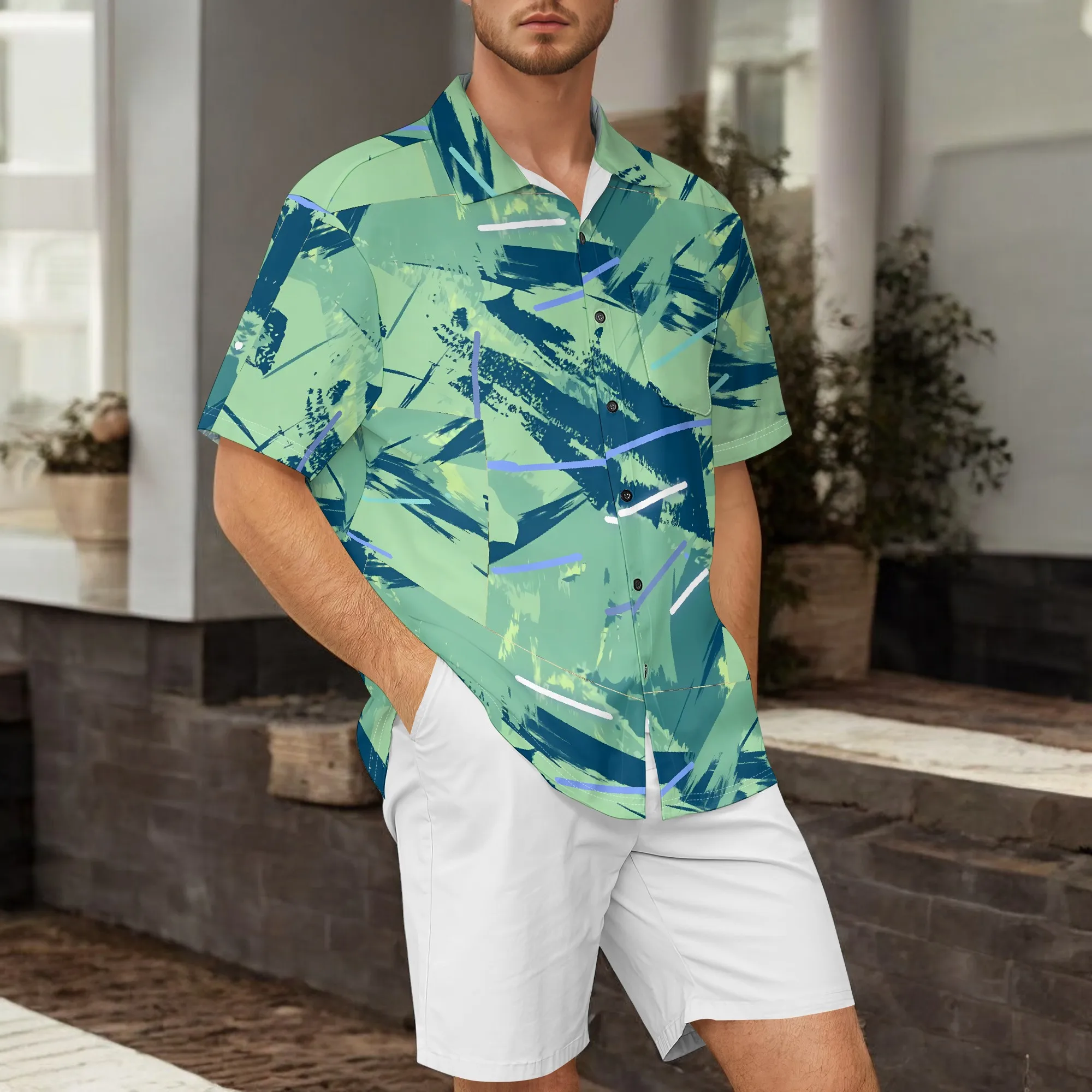 YEAE Camicia con stampa incrociata al neon per uomo Top estivo casual a maniche corte