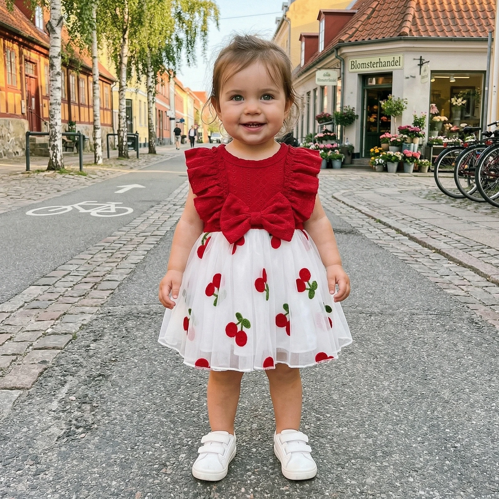Baby Girl Mesh Patchwork Dress Casual A Line Cherry Embroidered Decorative Bow Ruffled Trim Crew Neck Flying Sleeve Dress
