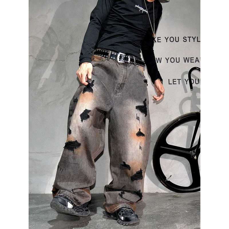 Vintage American Dirty Wash Destroyed Ripped Wide Leg Jeans Men, Wasteland Style Plus Size Stacked Denim Trousers