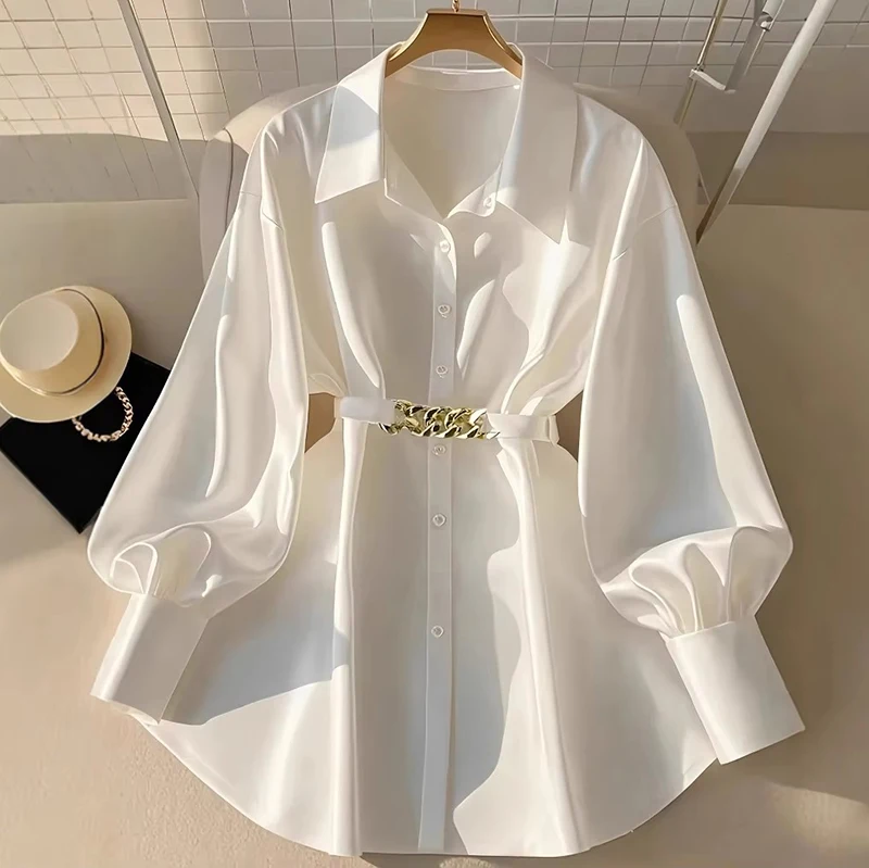 New Autumn Women's French Style Shirt Office Lightweight Luxury Design White Shirt Top Light Maturity Wind Loose Fit Button Down