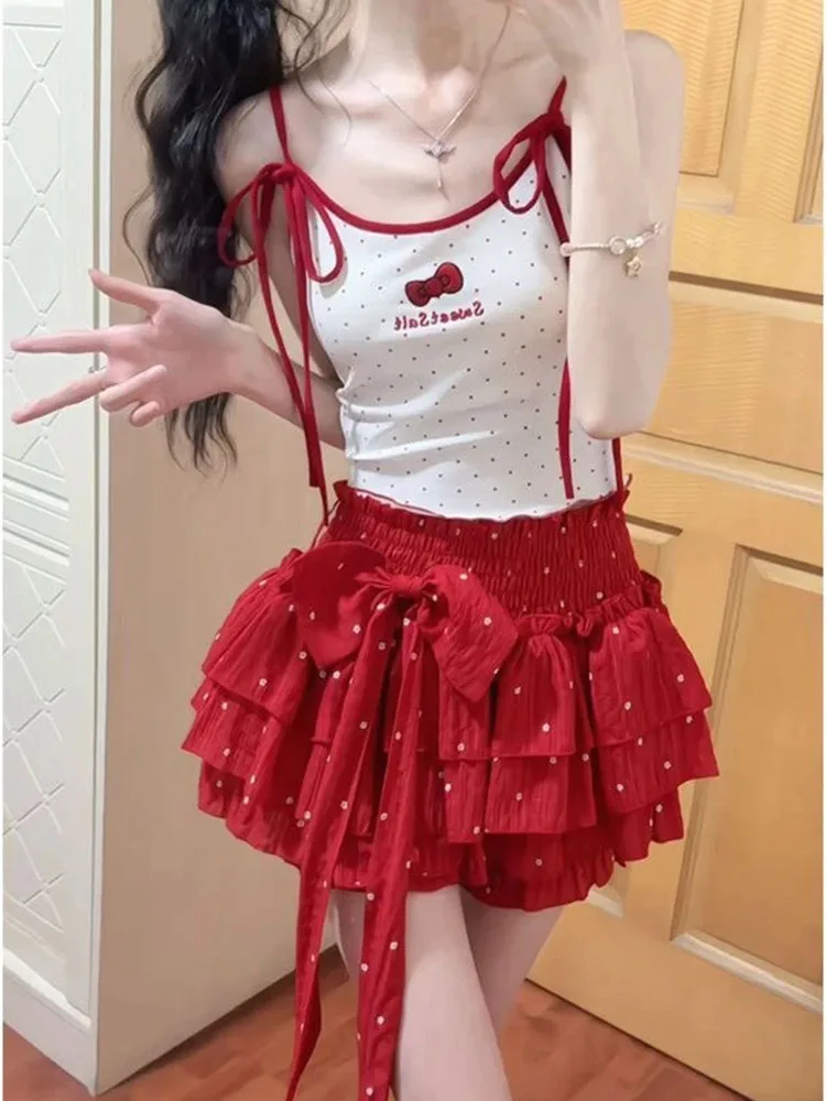 

Bow Polka Dot Two Piece Sets Women Bandage Cute French Sweet Camisole Tops Fashion Red All Match Student Mini Puffy Skirt New