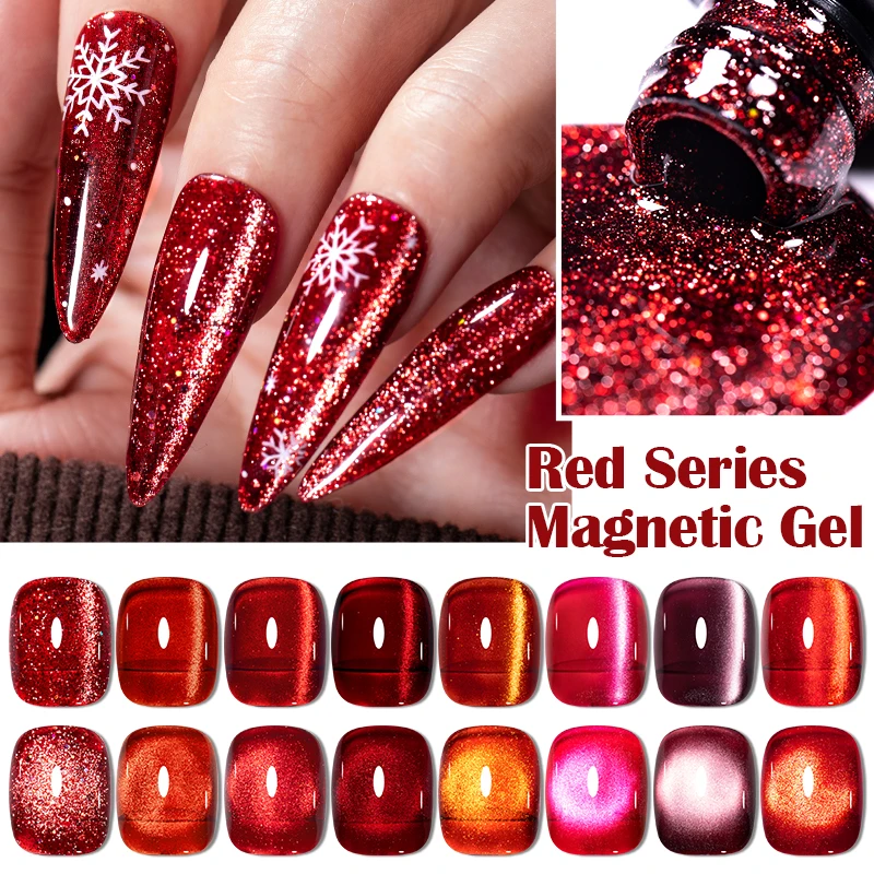 MEET ACROSS 7ml  Red Series Cat Magnetic Gel Nail Polish Christmas Festival New Year UV Gel Nail Art Varnish Manicure For Nails