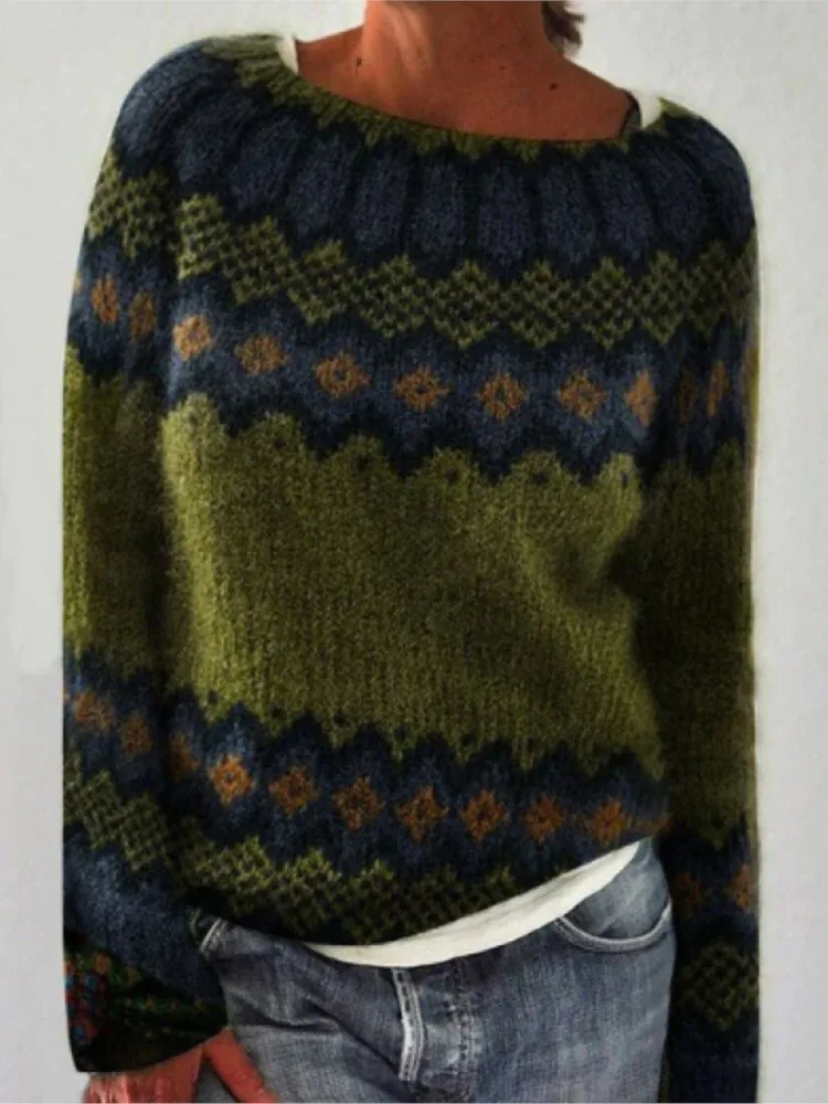 Nowy sweter damski z okrągłym dekoltem, w bloki kolorów, luźny, modny, jesienno-zimowy, elegancki, do pracy, z długim rękawem.