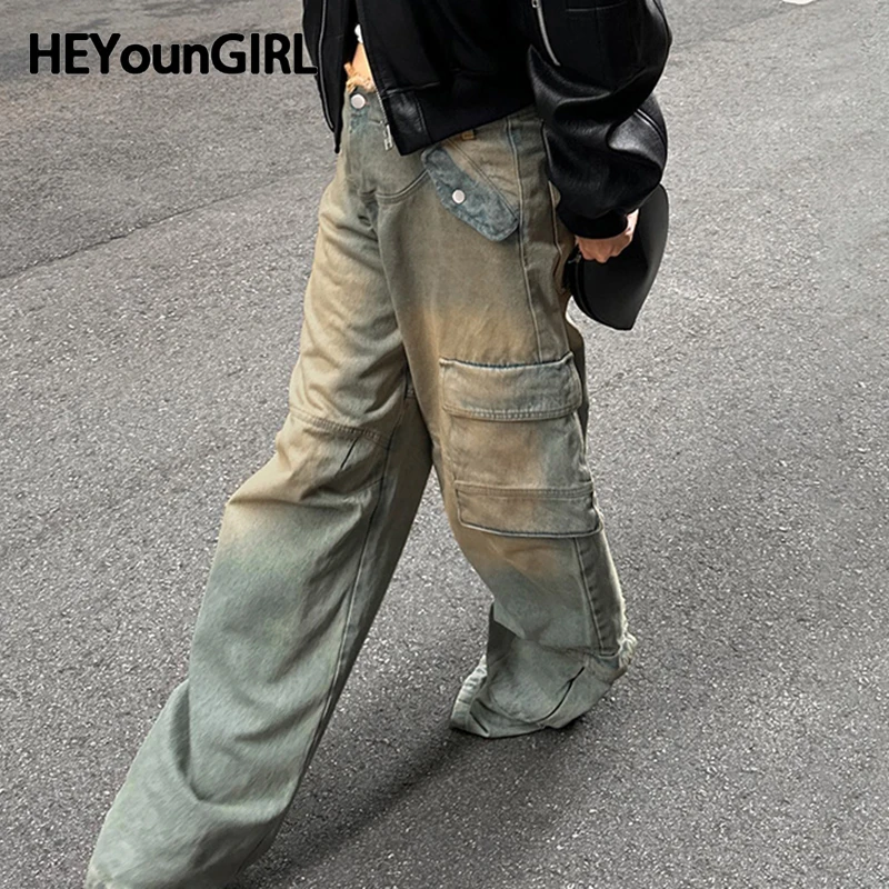 

HEYounGIRL American Retro Pocket Baggy Jeans Fashion Streetwear Distressed Grunge Loose Denim Pants Harajuku Casual Y2K Trouser