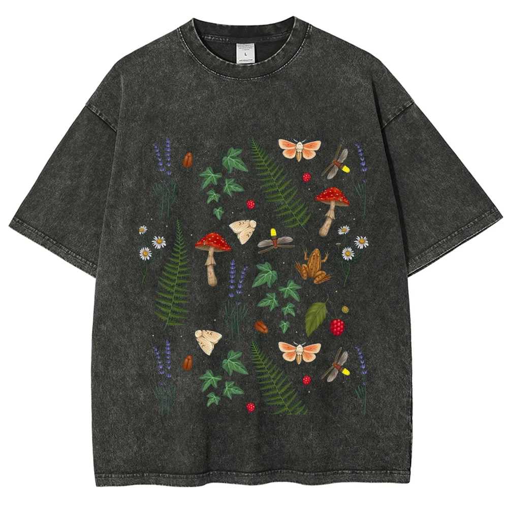 Vintage Washed Oversized T‑Shirt Women Cottagecore Forest Mushroom Insect Fern Floral Graphic Tee Loose Streetwear Unisex Tops