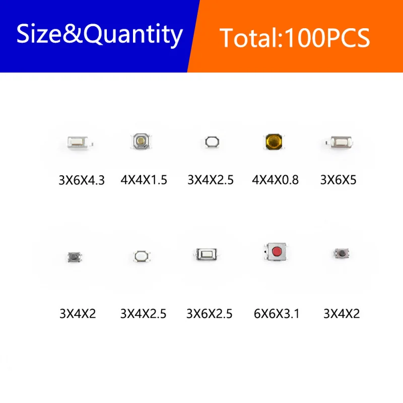 100 stuks tactiele schakelaars autoschakelaarknoppen 10 specificaties elk 10 stuks SMD-schakelaars 100 stuks