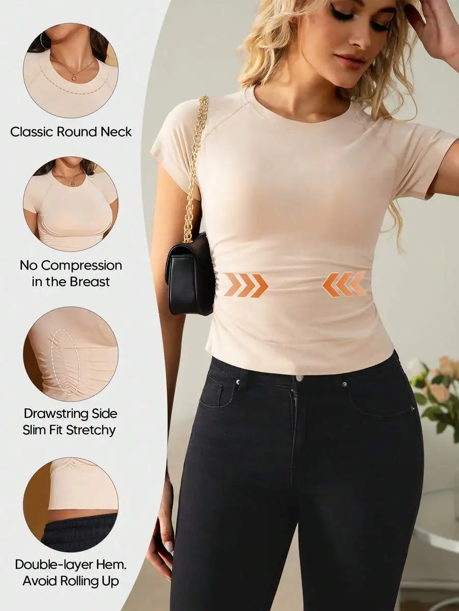 

Women Bamboo Fiber Short Sleeve Slim Fit Shapewear Top With Drawstring Side And Double Layer Hem