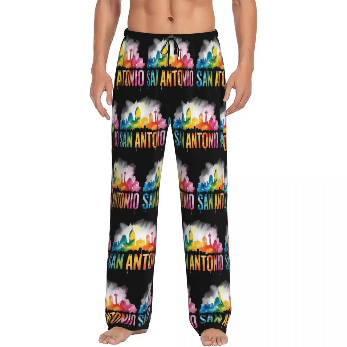 Custom San Antonio Texas Watercolor City Skyline Art Souvenir Pajama Pants Men Sleepwear Sleep Lounge Bottoms with Pockets