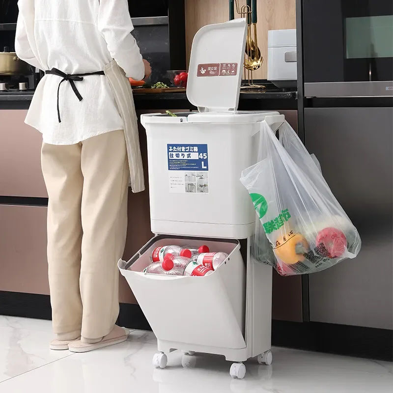Large Capacity Kitchen Trash Can with Wet and Dry Separation Foot Pedal Bin High Mobility Household Sorting Bucket No Bending