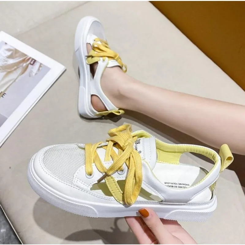 New Women's White Casual Shoes Fish-mouth Sandals Metal Decorative Transparent Breathable Mesh Shoes Zapatos Para Mujer Designer