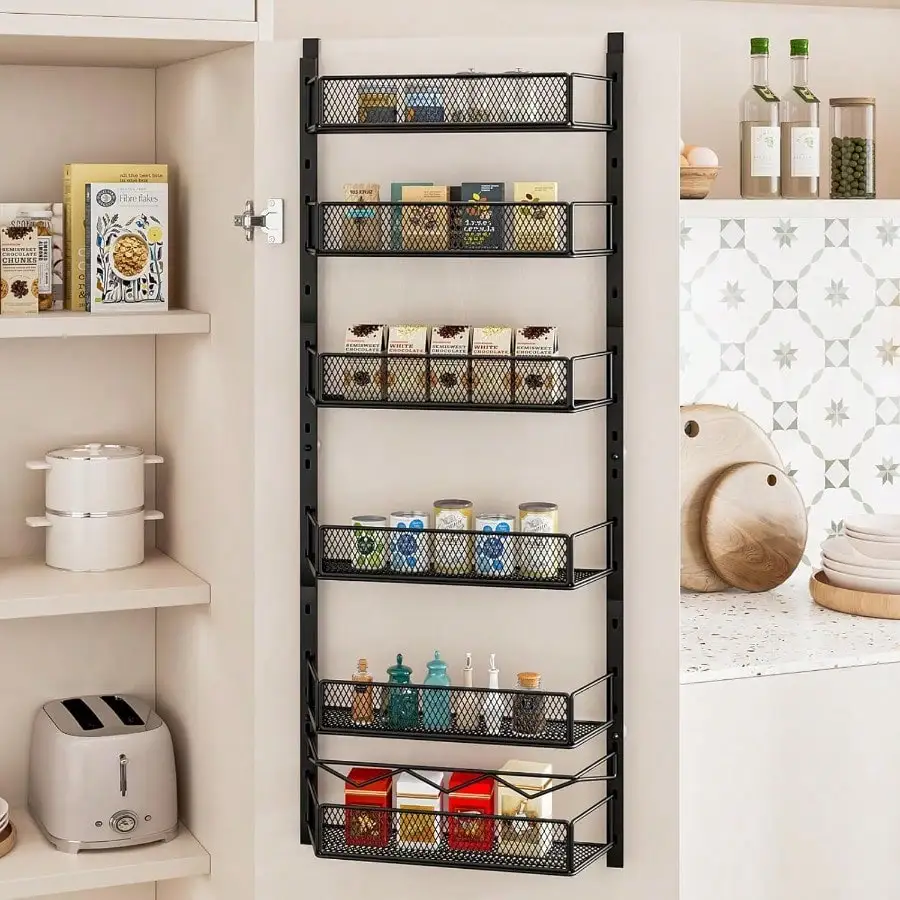 

Over The Door Pantry Organizer 6-Tier, Adjustable Basket Metal Hanging Spice Rack Shelves, Space Saving Storage Solution