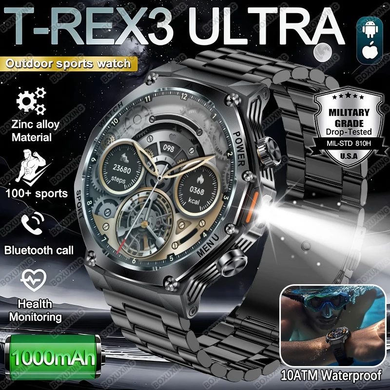 2026 New Military T-Rex 3 Ultra Smart Watch 800mAh Battery IP68 Waterproof Flashlight Heart Rate Sports Tracker Smartwatches Men