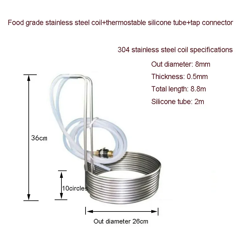 Food grade 304 stainless steel beer cooling coil/wort chiller or malt juice cooler+ water tube +tap connector