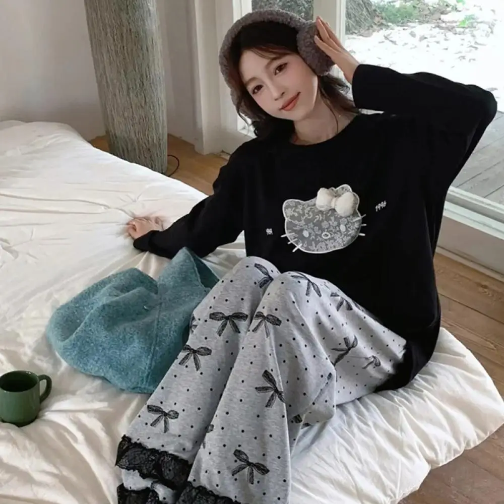 2 قطعة منامة القطن دعوى Kawaii مرحبا كيتي النساء أنيمي Homewar لطيف طويلة الأكمام السراويل الخريف الكرتون الفتيات ملابس خاصة غير رسمية #2