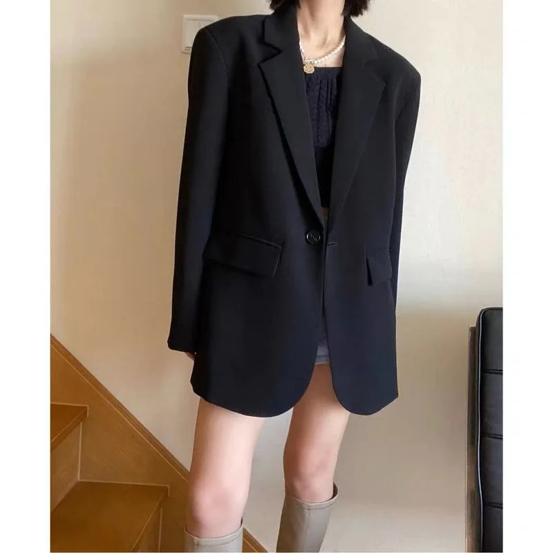 

Lnsozkdg Korean Style Loose Black Blazers Ladies Spring Autumn Single Button Casual Suit Coats Woman Vintage Streetwear Clothes