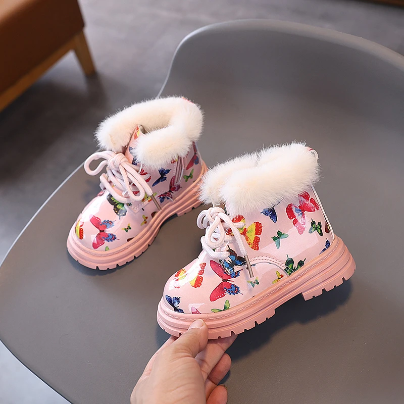 Girl\'s Winter Boots Fluffy Chunky Three Colors Butterfly Kids Short Boot Beautiful Flexiable Warm Lovely Children Shoes 21-30