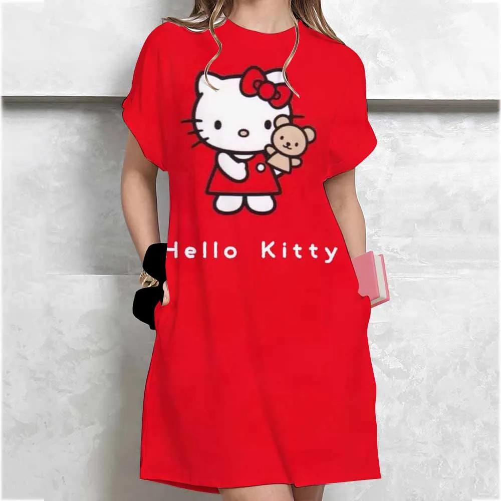 Abito lungo maglietta da donna, moda estiva, ragazza, Hello Kitty, stampa oversize, casual, girocollo, maniche corte, mini abito T-shirt ﻿