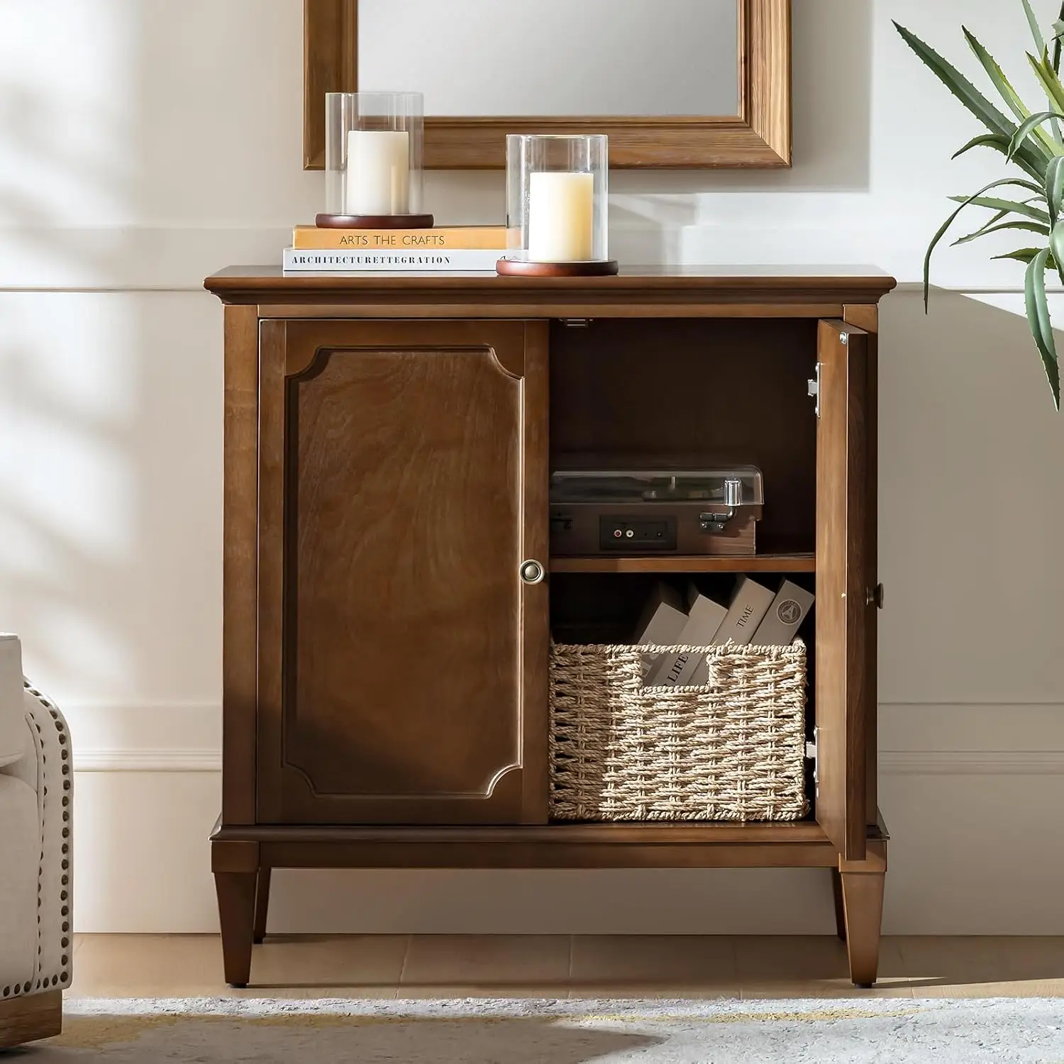 Storage Cabinet with Adjustable Shelf 2-Door Sideboard Solid Wood Legs Vintage Metal Handles Matte Walnut Finish, Customized
