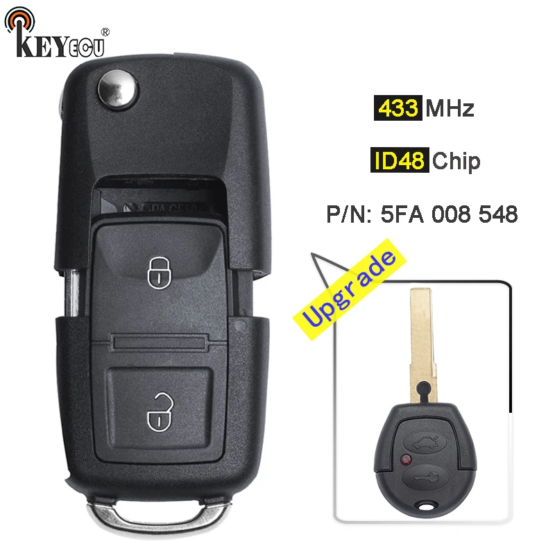 KEYECU 433MHz ID48 Chip 5FA 008 548 2-przyciskowy ulepszony pilot zdalnego sterowania do VW Bora Polo Golf Passat Lupo Seat Ibiza Cord