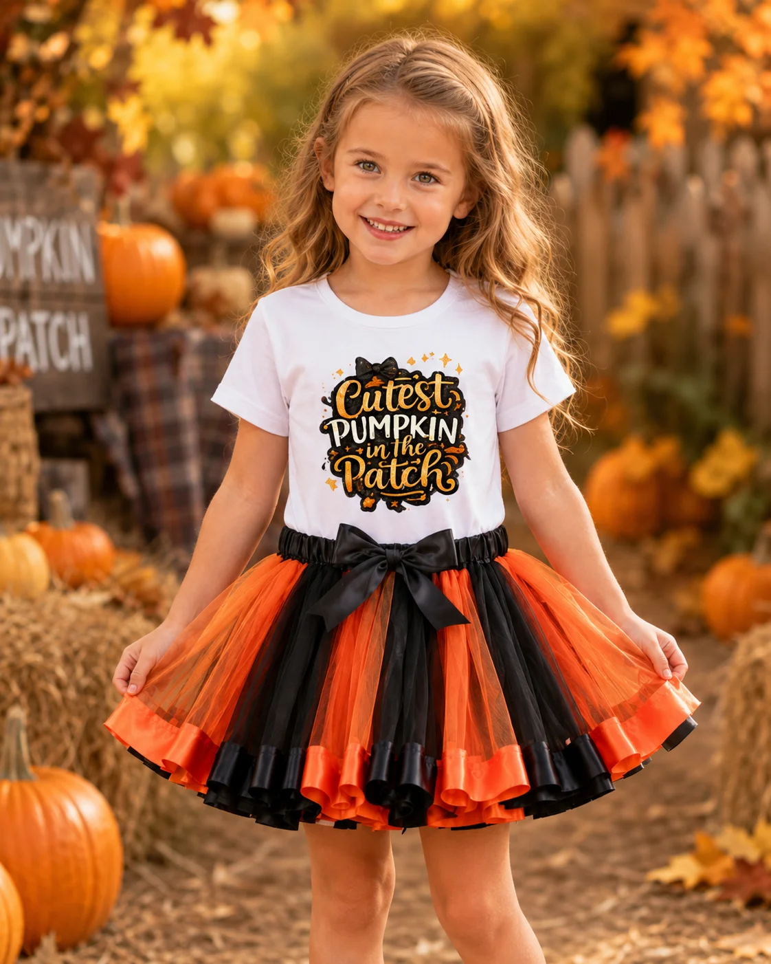Niedlichstes Kürbis-Outfit für Kleinkinder, Mädchen, 2-teilig, kurzärmliges bedrucktes T-Shirt, orange-schwarzer Tutu-Rock-Set, Kinder-Halloween-Outfit – Detail 1