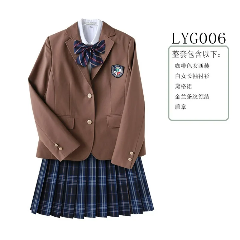 5PCS Women Korea British Japan School Uniform Outfit Girl Anime Cosplay Costume Blazer Shirt Tie Badge Plaid Skirt