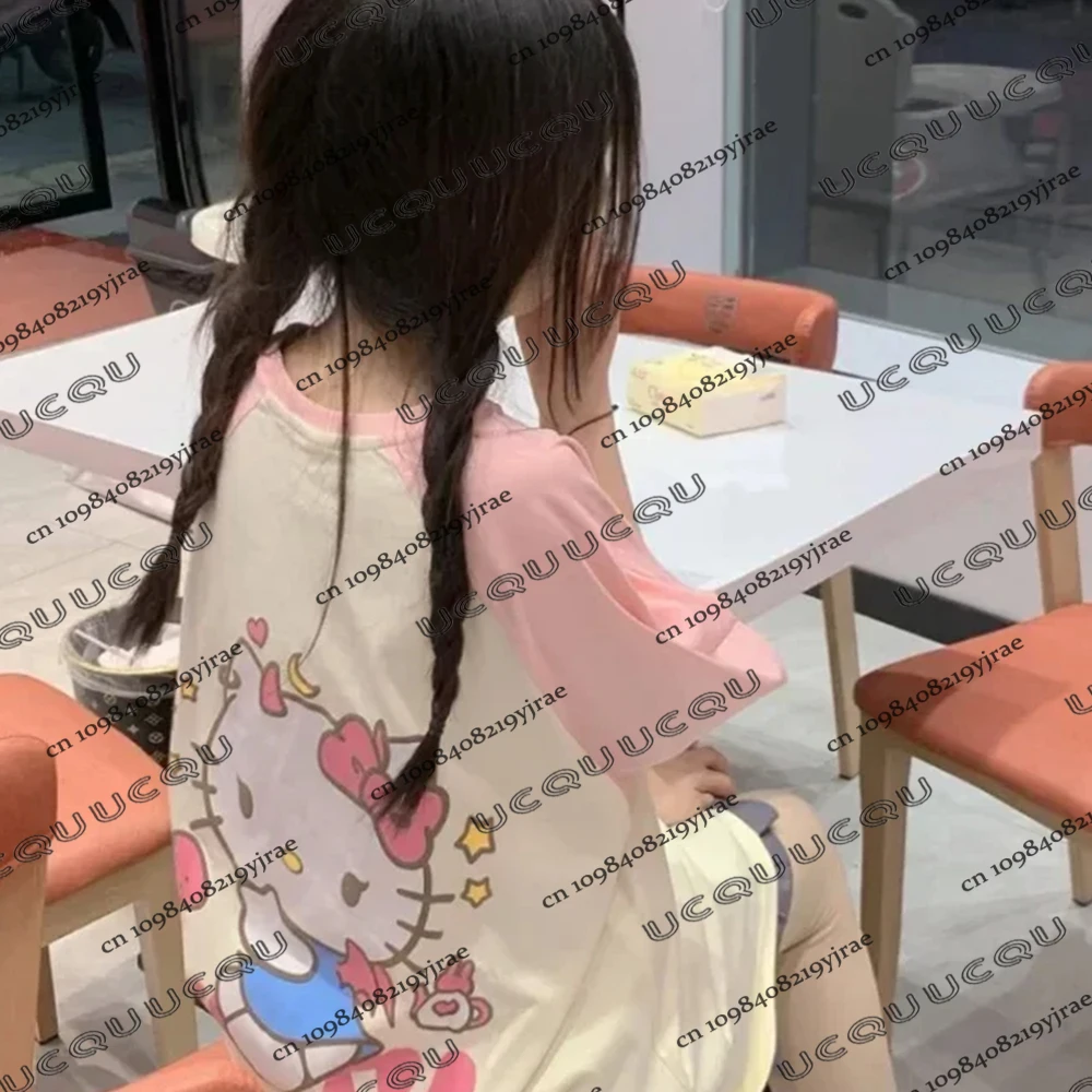 

Лето 2022, новая милая футболка с рисунком Sanrio HelloKitty с аниме-принтом для женщин, футболки с короткими рукавами и круглым вырезом, уличный готический топ Y2K