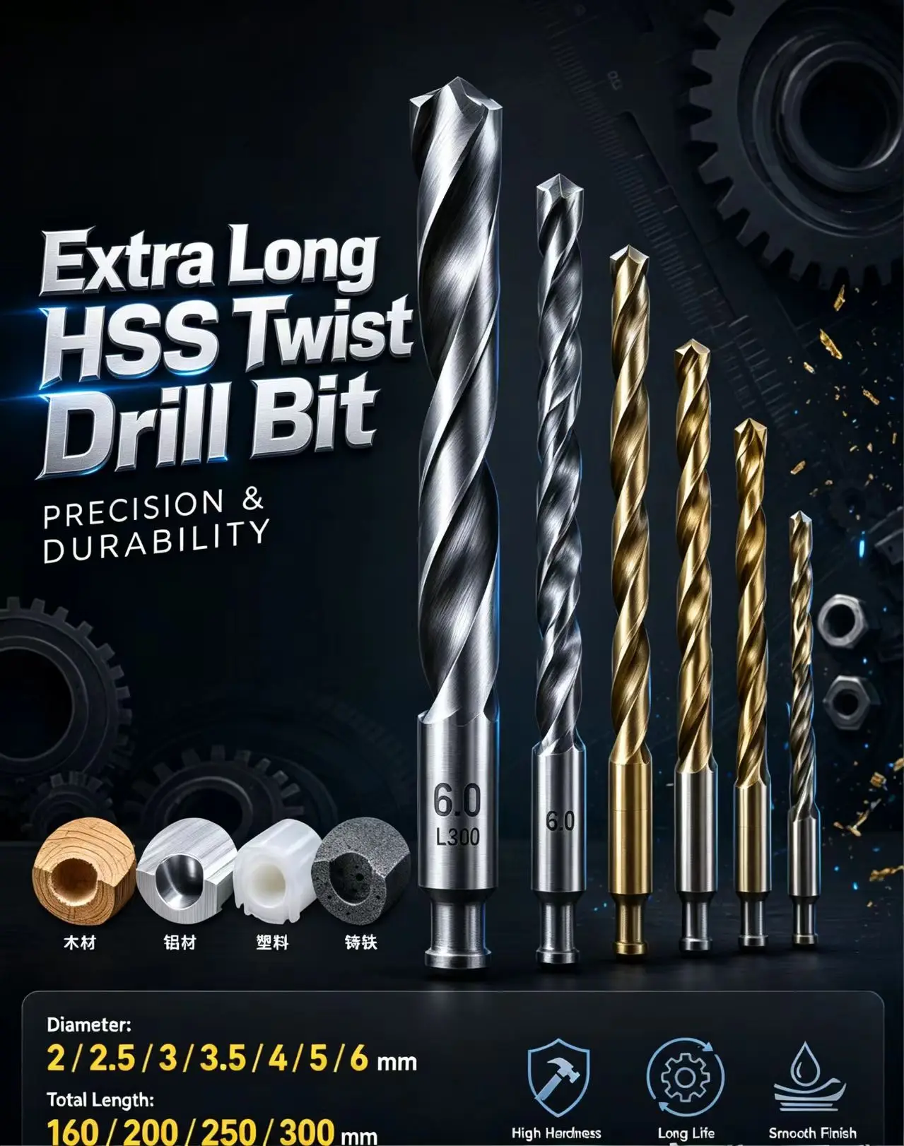 1Pc HSS Extra Long Twist Drill Bit2.5/ 2/33.5//4/5/6mm 160-300mm Straight Shank High Speed Steel for Wood Metal Plastic Drilling