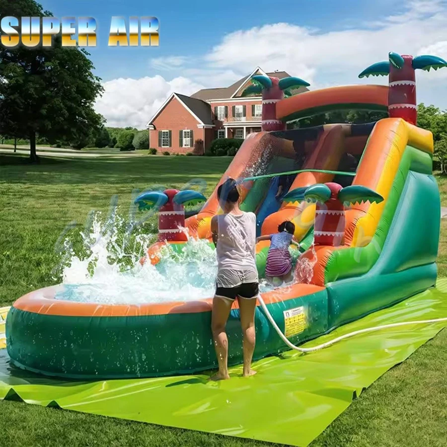 Tobogán de agua inflable comercial al aire libre para niños, tobogán de árbol de coco inflable de PVC