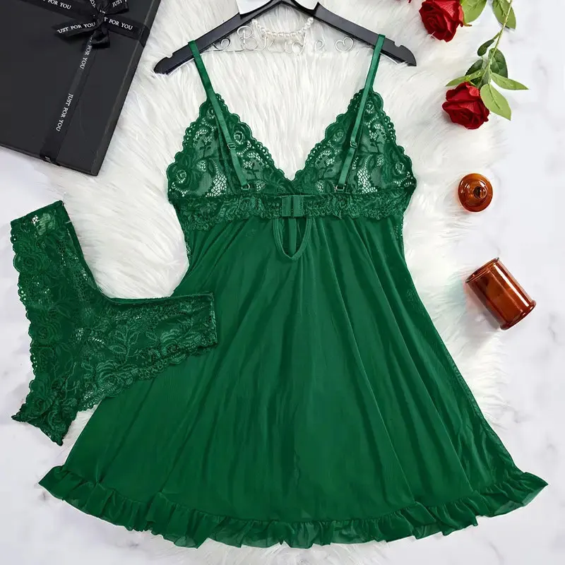 2 Pcs Set Lace Nightgown Women Exquisite Homewear New Green Nighttime Pajamas Transparent Split Nightdress V-Neck Bra Panty Sets