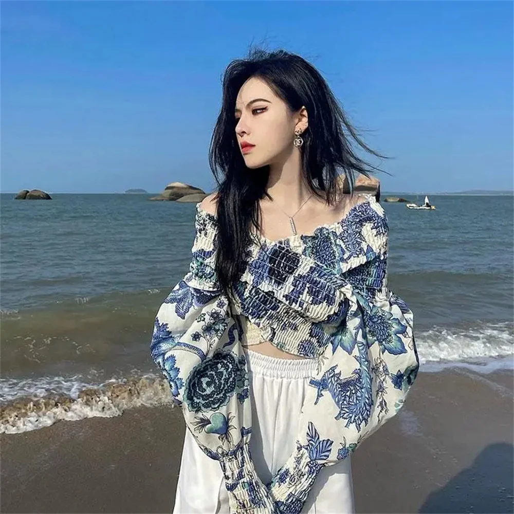 

Plus-size design senior style top women's summer one-line shoulder temperament collarbone small irregular floral long-sleeved sh