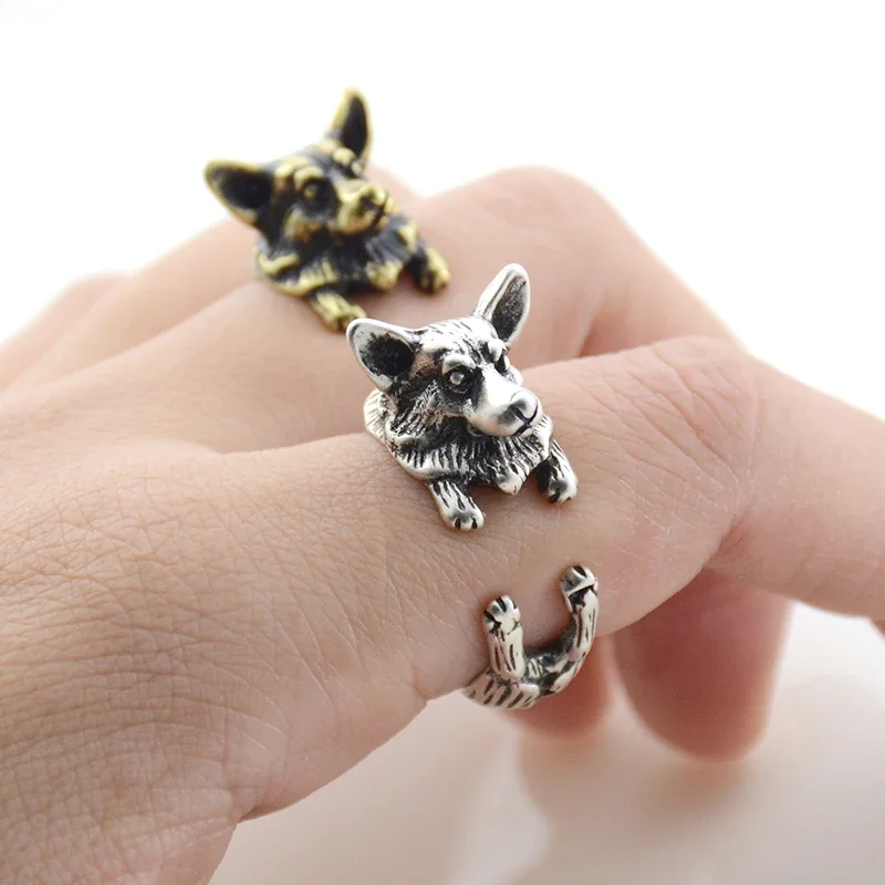 Vintage Cute Welsh Corgi Dog Metal Wrap Rings for Women Animal Couple Finger Adjustable Rings Men Jewelry Gift