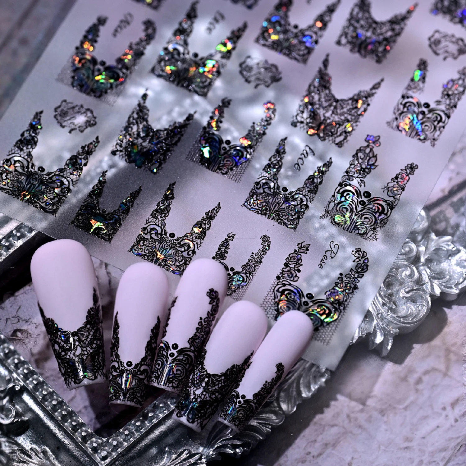 1PC 5D Embossed Lace Nail Stickers White/Black Holographic Bridal Nail Decals French Tip Nail Supplies for Wedding Party & Salon