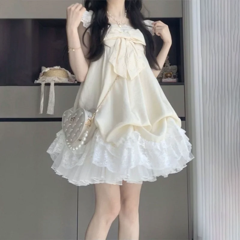 

Japanese Sweet Lolita Cute Dress Women Bow Lace Sleeve Fairy Mini Dresses New Fashion Elegant Harajuku Slim Clothing 2025