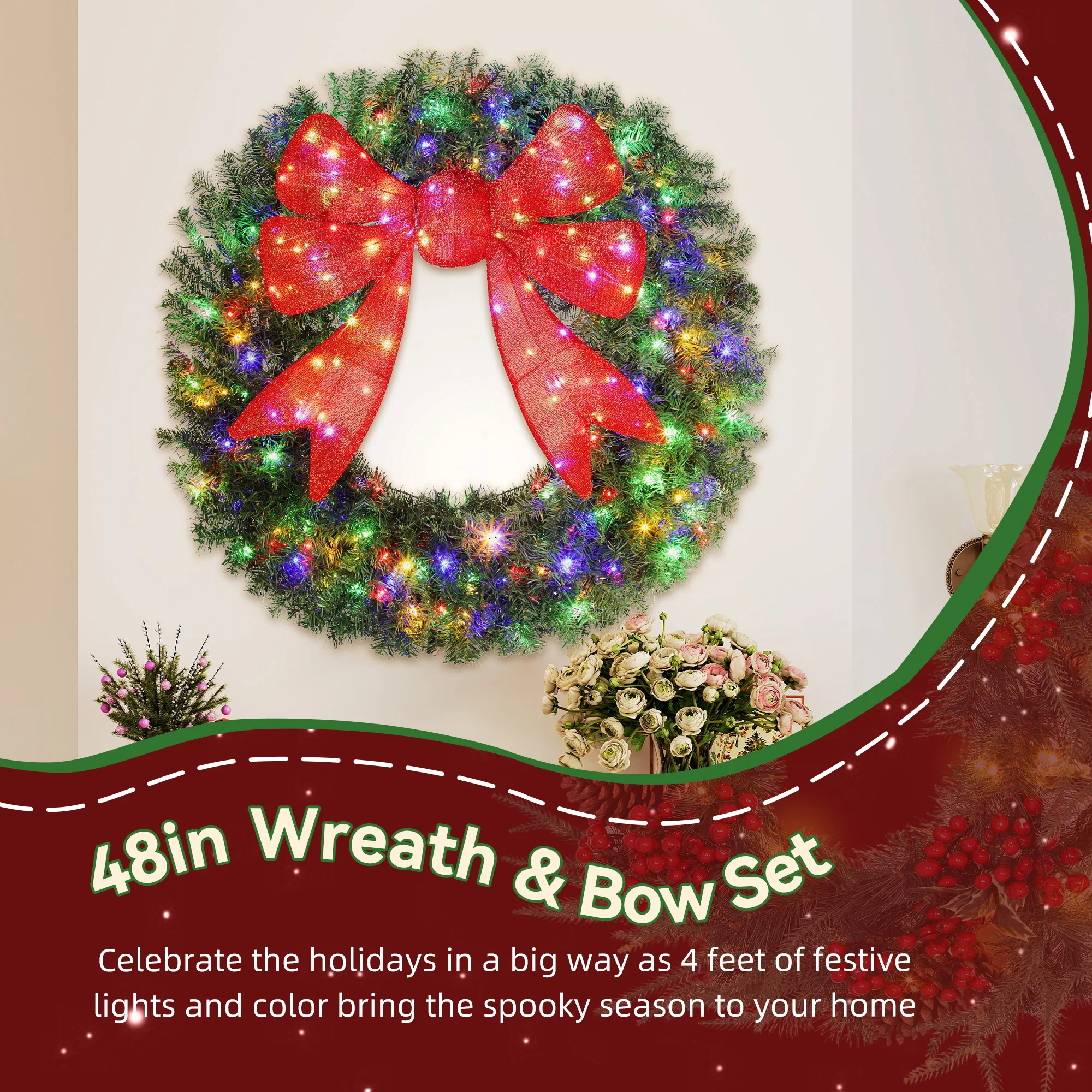 HOMCOM 48in Flocked Pre-Lit Artificial Christmas Wreath with 3D Red Bow 4