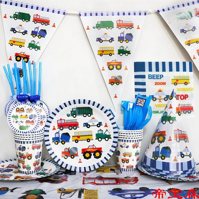 Kids Favors Construction Engineering Vehicles Theme Birthday Party  Plates Cups Flags Napkin Straws cup popcornbox Supplies