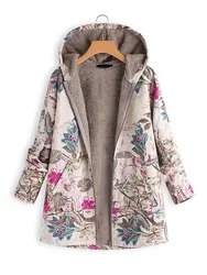 2024 New Winter Women Floral Print Hooded Jackets Plus Velvet Quilted Coats Vintage Oversized Cotton-Padded Female Parkas