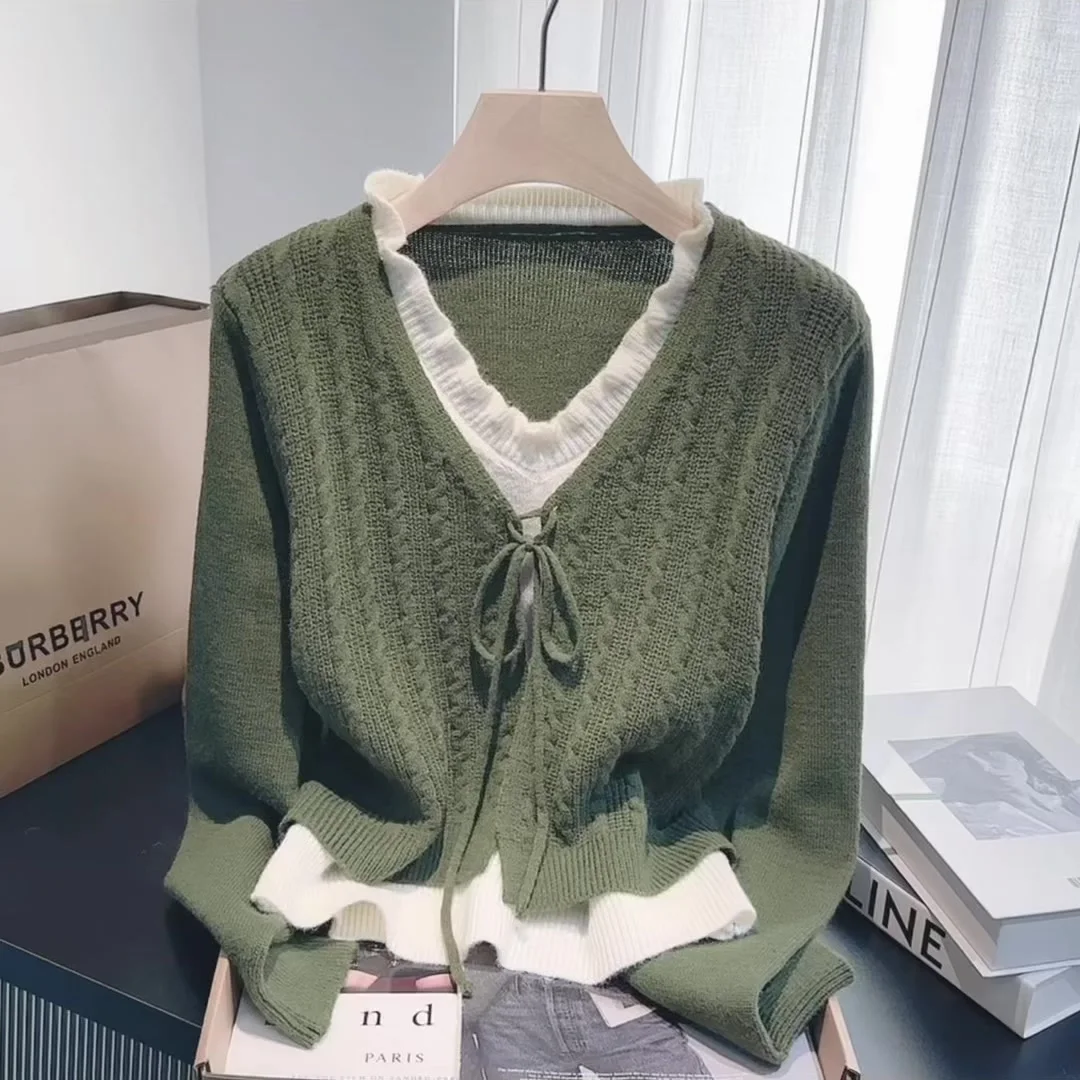 

Women's Green Cardigan Knit Sweater Vintage 2000s Y2k Fake Two Pieces Knitwear Loose Long Sleeves V-Neck Cashmere Sweater Autumn