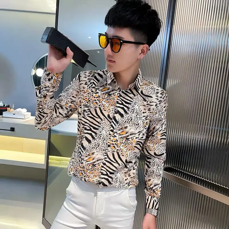 2026 New Arrivals Men's Casual Long Sleeve Leopard Print Trendy Shirt for Spring Autumn Fashion Popular Top for Men