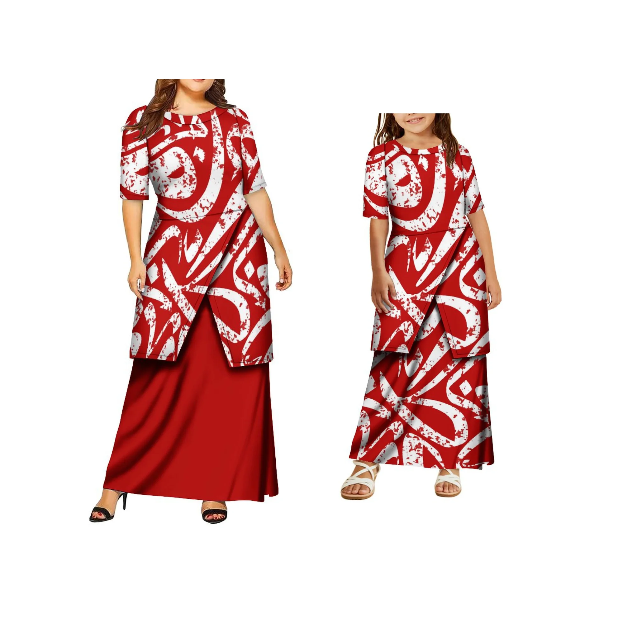 Vestido de madre e hija de talla grande, conjunto de Puletasi samoano con estampado Tribal polinesio personalizado de alta calidad