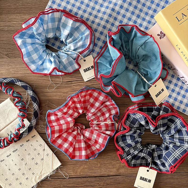 إكسسوار شعر كاواي كبير الحجم Scrunchie Tartan طبقة مزدوجة حامل ذيل حصان Preppy Chic بدون زلة للاستخدام اليومي للمراهقين