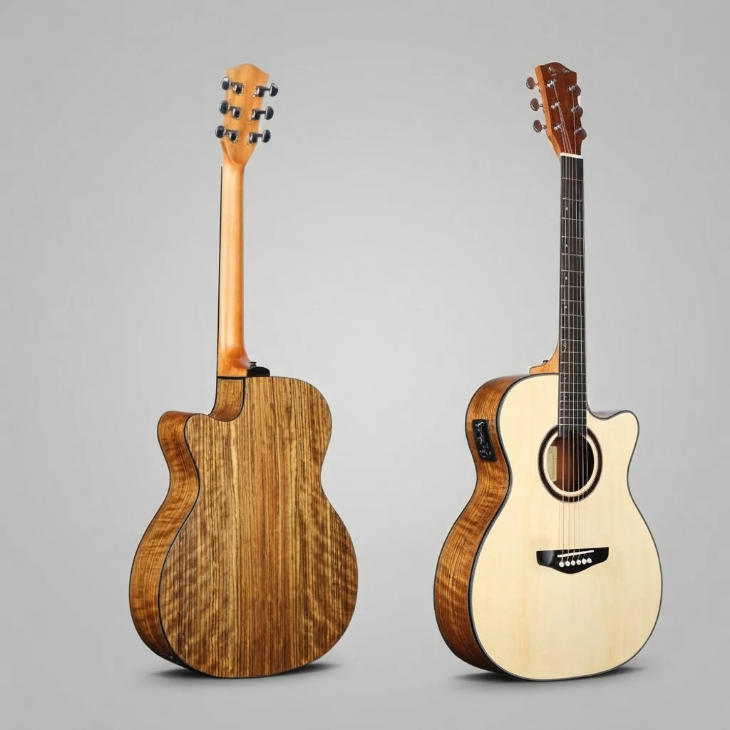Electro Acoustic Guitar 6 String Cutaway Natural Top Dark Back Sides Chrome Tuners Dot Inlay White Bridge Pins Built-in Pickup
