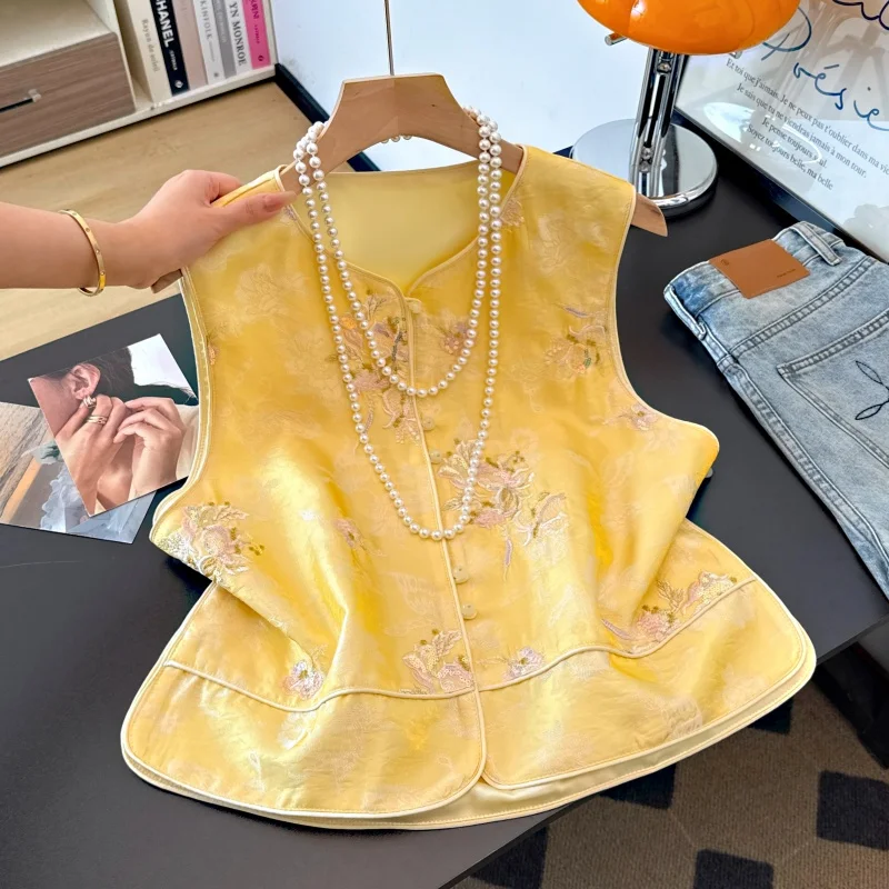 Elegant Lady's Embroidered Floral Shoulder Pad Improved Version Heavy Embroidery Chinese Style Women's Top Vest Autumn Fashion