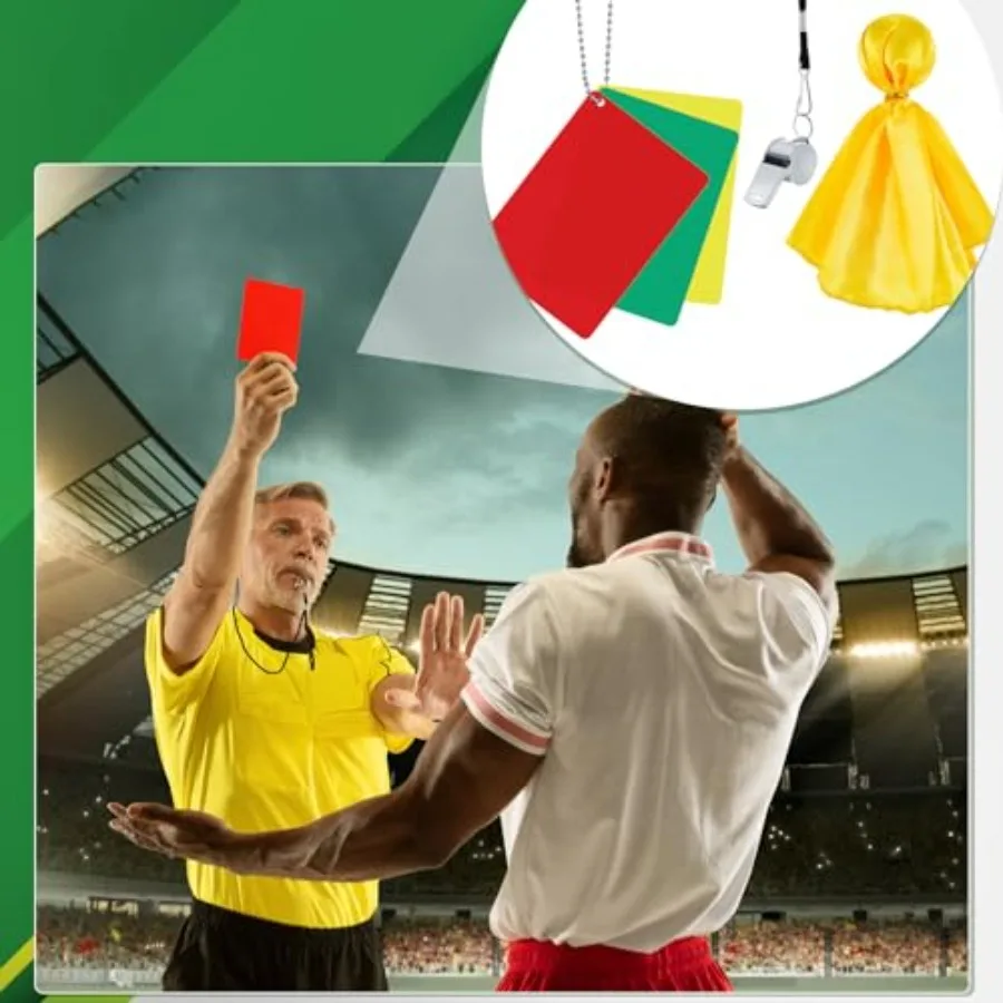 6 Pcs Perlengkapan Wasit Sepak Bola Termasuk 2 Set Kartu Wasit Hijau Merah Kuning 2 Peluit Wasit Logam dengan Tali Gantungan 2 Bola Sepak