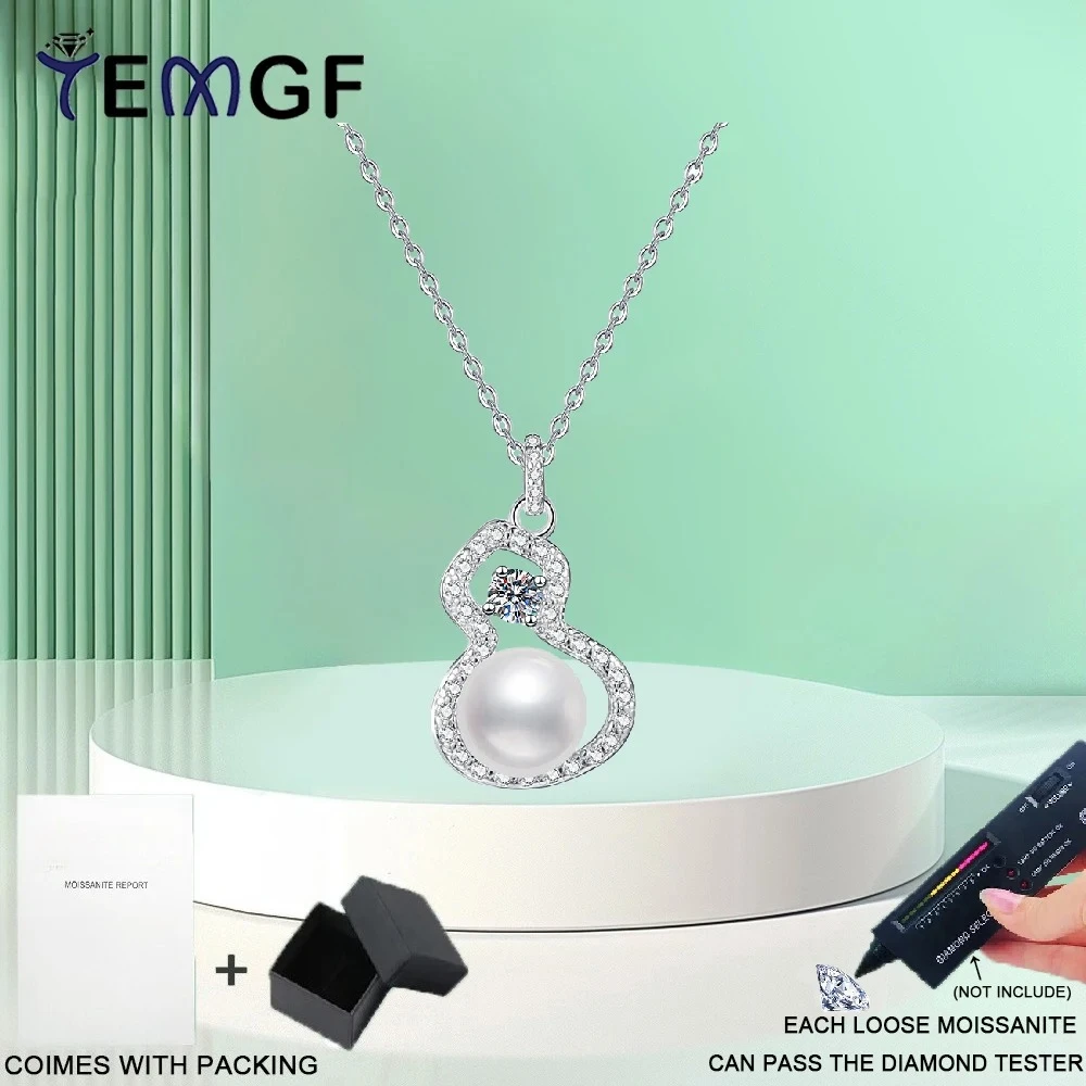 

TEMGF 925 Sterling Silver Necklace 3mm Moissanite 8.5mm-9mm Pearl Classic Calabash Pendant for Women Elegant Fashion Jewelry