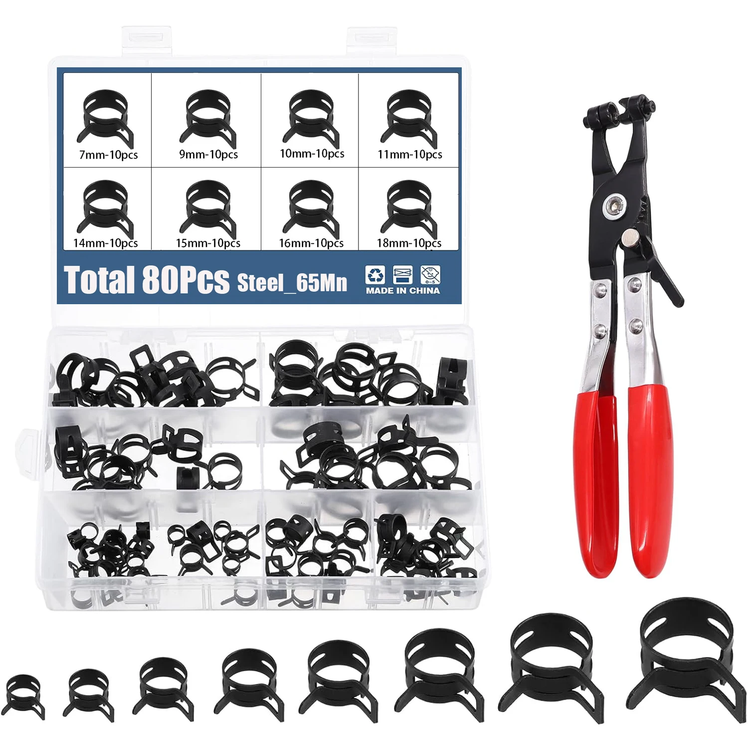 

80Pcs 7-18mm Black Q673B Vacuum Spring Fuel Oil Water Hose Clip Pipe Tube for Band Clamp Metal Fastener Assortment Kit + Plier