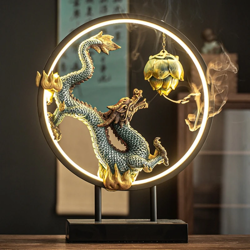 Chinese LED Lamp Ring Dragon Ceramic Zen Flow Incense Burner Home Decor Living Room Decoration Desktop Accessories