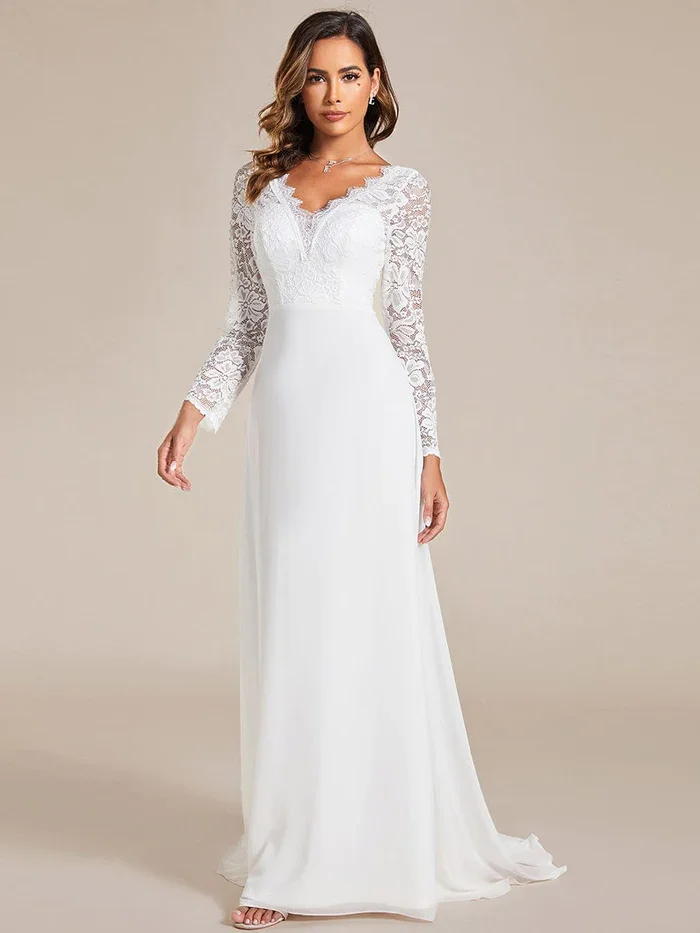 Women's Elegant Hollow Lace V Neck Long Sleeves Eyelash Edge Bodycon Mermaid Chiffon Wedding Dress